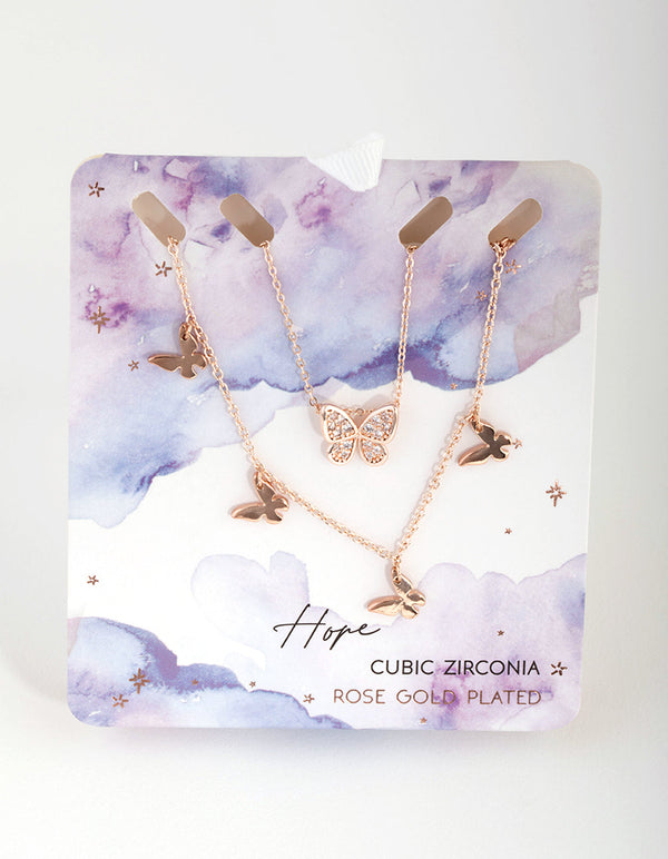 Rose Gold Plated Cubic Zirconia Butterfly Charm Necklace Set