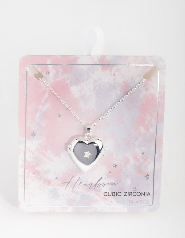 Silver Plated Cubic Zirconia Heart Locket Necklace