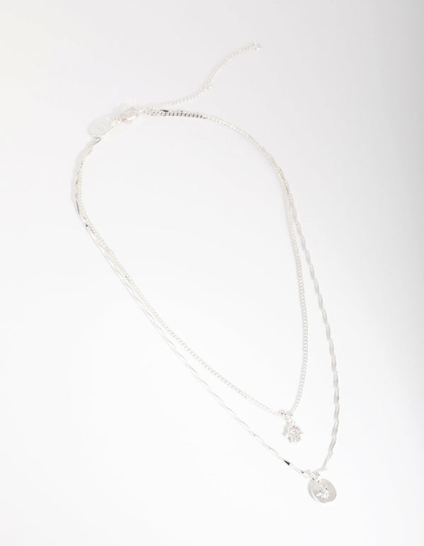 Silver Plated Cubic Zirconia Hamsa and Star Layered Necklace