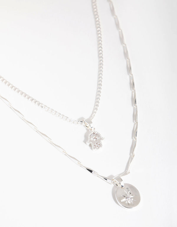 Silver Plated Cubic Zirconia Hamsa and Star Layered Necklace