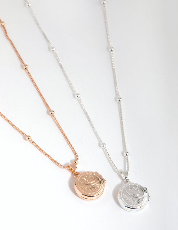 Silver and Rose Gold Plated Round Locket Necklace Set
