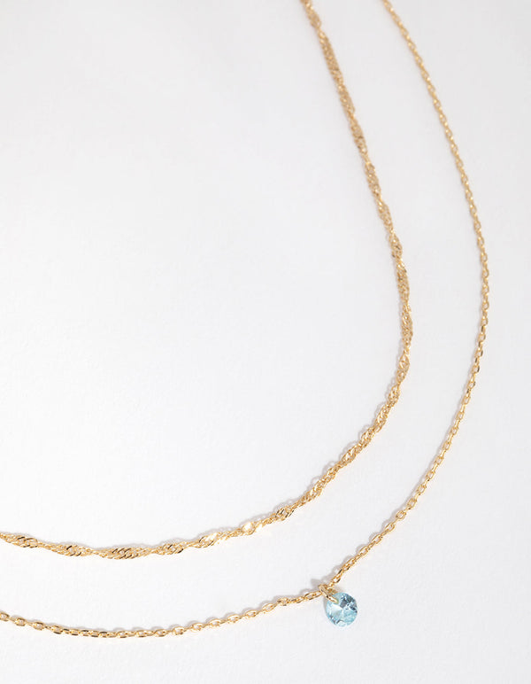 18ct 镀金海蓝宝石方晶锆石三月项链套装