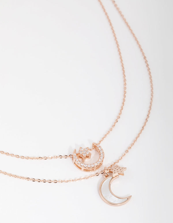Rose Gold Plated Cubic Zirconia and Shell Crescent Moon Necklace Set