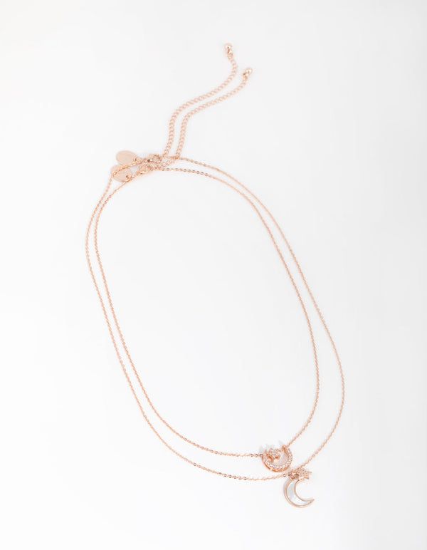 Rose Gold Plated Cubic Zirconia and Shell Crescent Moon Necklace Set