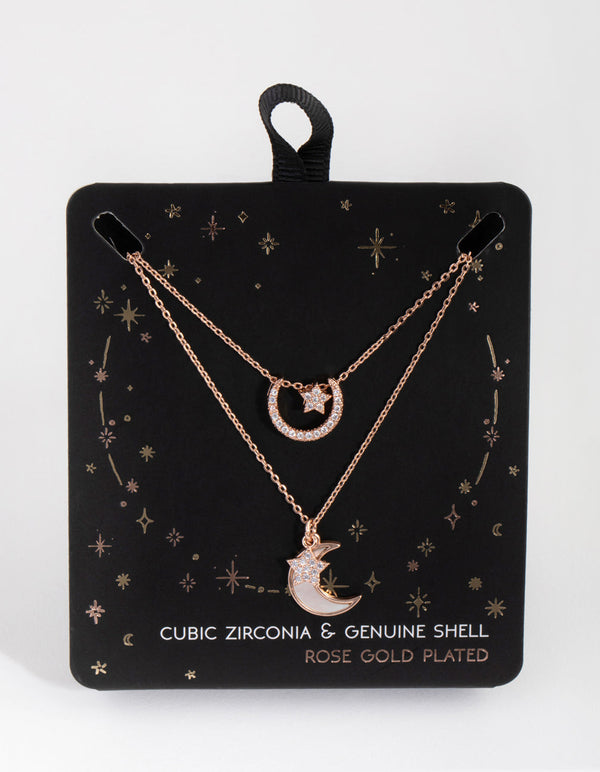 Rose Gold Plated Cubic Zirconia and Shell Crescent Moon Necklace Set