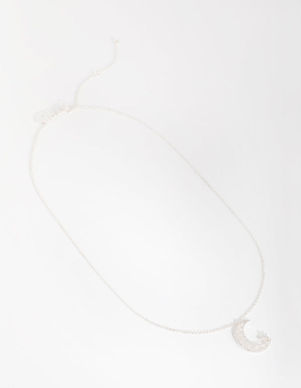 Silver Plated Cubic Zirconia Big Moon and Star Necklace