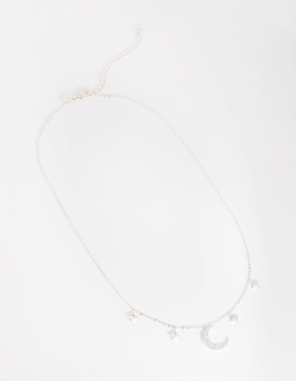 Silver Plated Cubic Zirconia Crescent Moon and Star Pendant Necklace