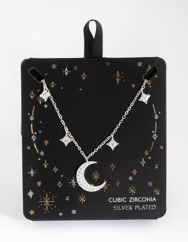 Silver Plated Cubic Zirconia Crescent Moon and Star Pendant Necklace