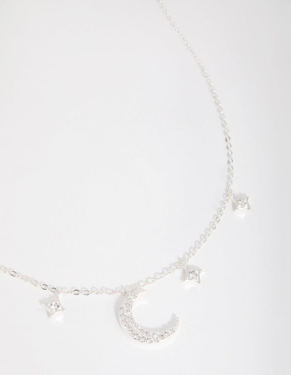 Silver Plated Cubic Zirconia Crescent Moon and Star Pendant Necklace