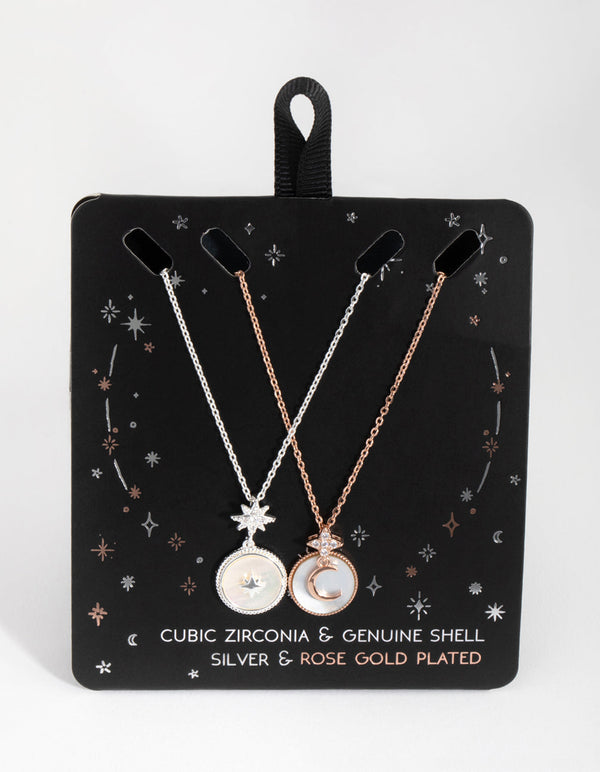 Rose Gold and Silver Plated Cubic Zirconia and Shell Necklace Set