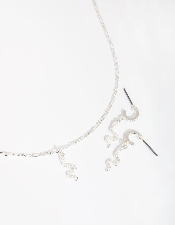 Silver Plated Cubic Zirconia Snake Necklace and Earrings Set