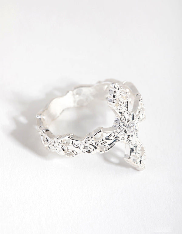 Silver Plated Cubic Zirconia Detailed Cross Ring