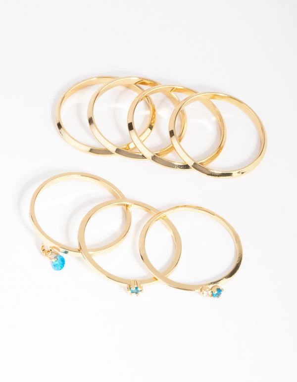 18ct Gold Plated December Blue Topaz Cubic Zirconia Ring 7-Pack