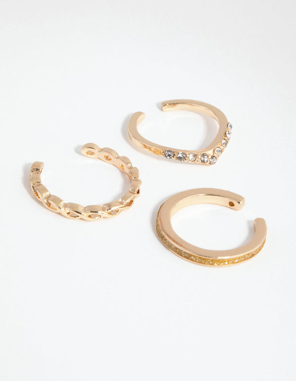 Gold Diamante Band Toe Ring 3-Pack