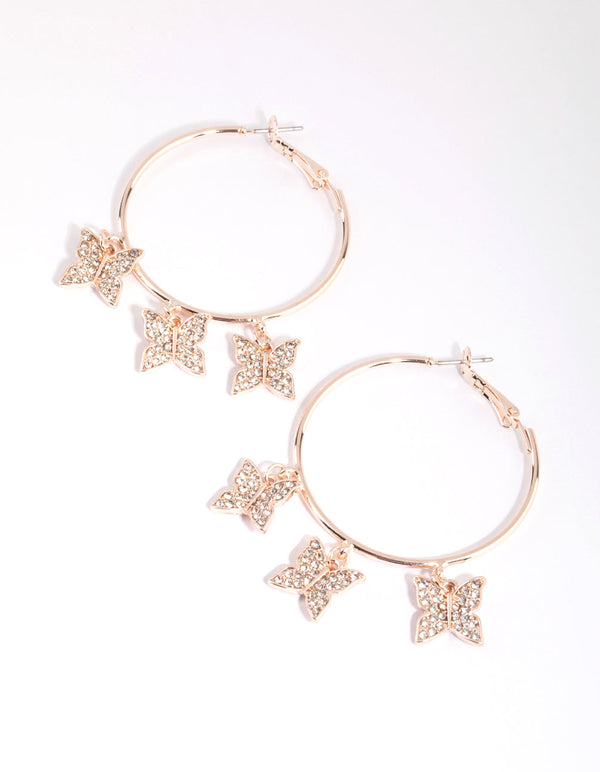 Rose Gold Diamante Butterfly Hoop Earrings