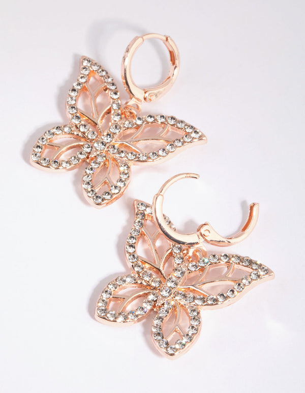 Rose Gold Butterfly Diamante Huggie Earrings