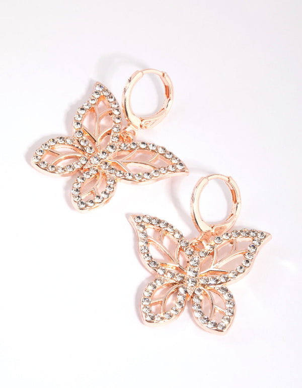 Rose Gold Butterfly Diamante Huggie Earrings