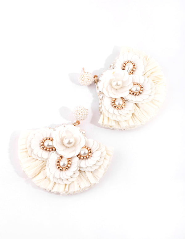 White Raffia Sequin Fan Earrings