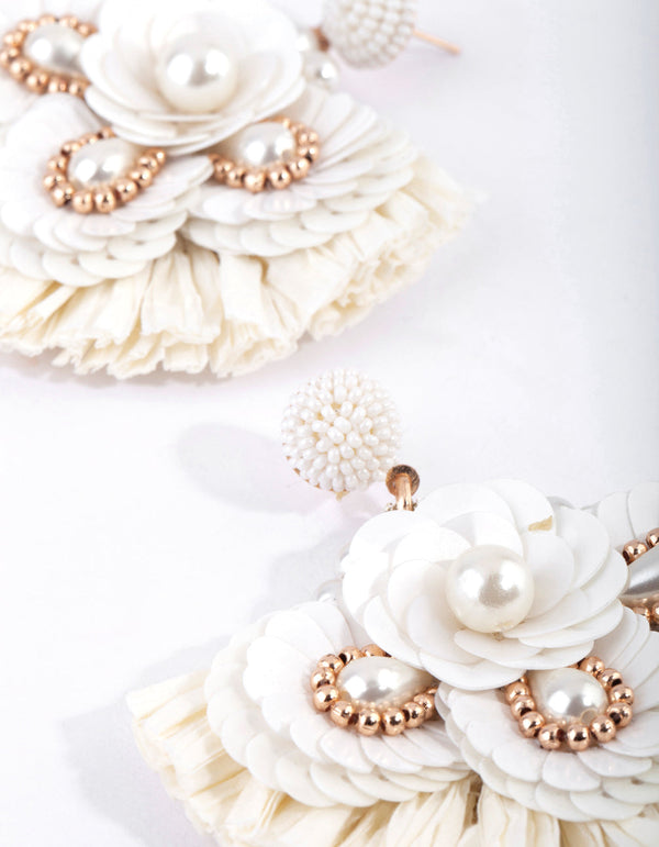 White Raffia Sequin Fan Earrings