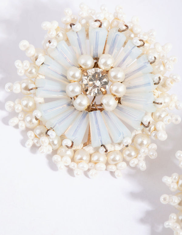 White Beaded Pearl Disc Stud Earrings