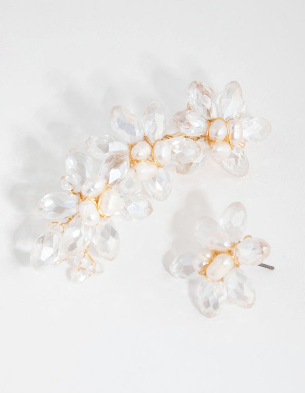 Beaded Freshwater Pearl Wrap Cuff and Stud Earrings
