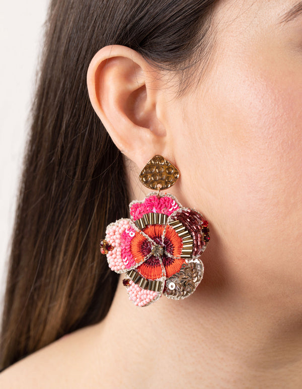 Pink Craft Flower Drop Earrings