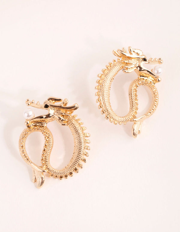 Gold Dragon with Pearl Stud Earrings