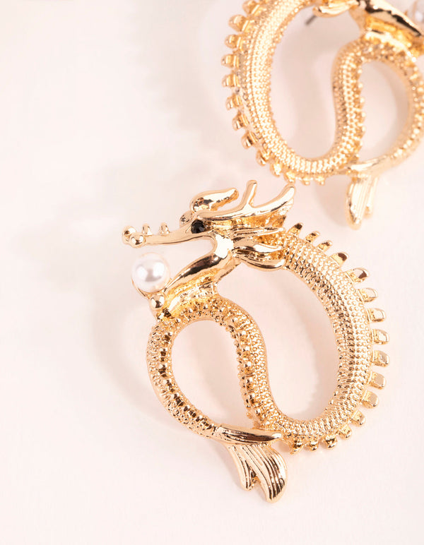 Gold Dragon with Pearl Stud Earrings