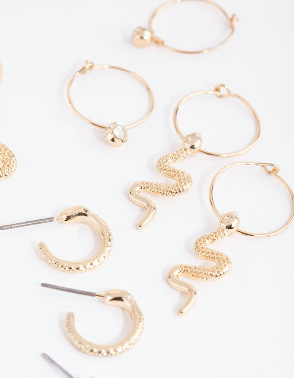 Gold Snake and Diamante Hoop Earring 6-Pack