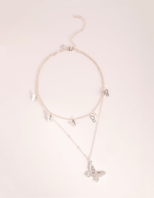 Silver Multi Butterfly Layered Necklace