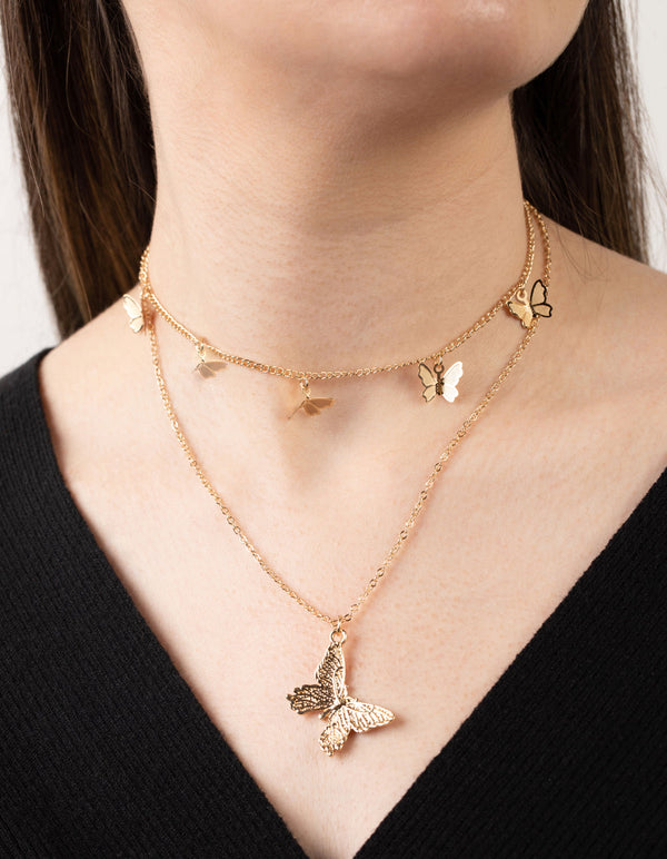 Gold Multi Butterfly Layered Necklace
