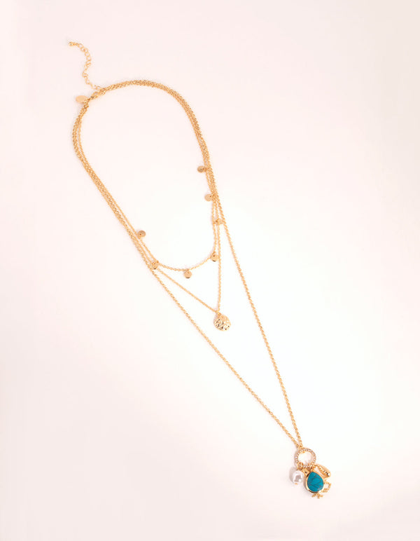 Gold Disc and Charm Layered Necklace