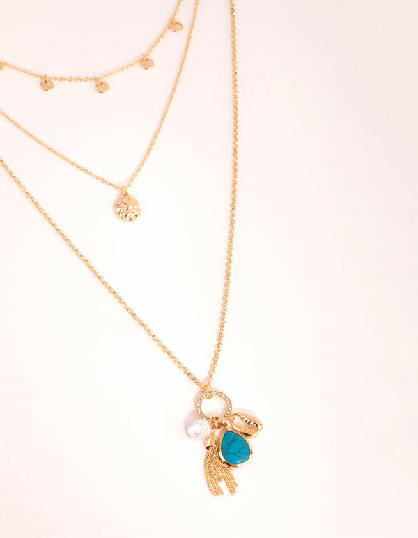 Gold Disc and Charm Layered Necklace