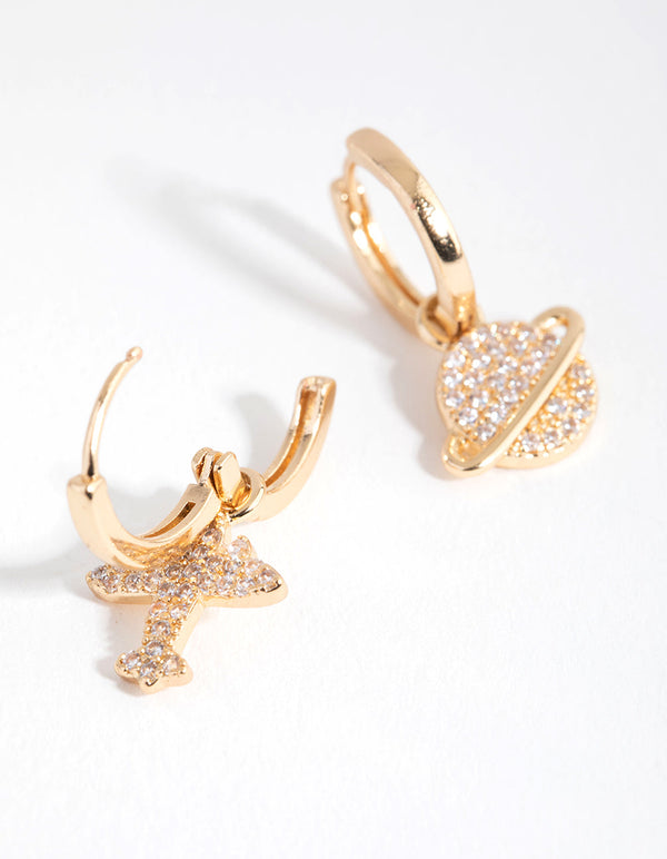 Gold Diamante Mismatched Galaxy Huggie Earrings