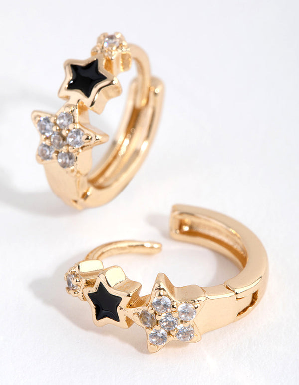 Gold Diamante Black Stars Huggie Earrings