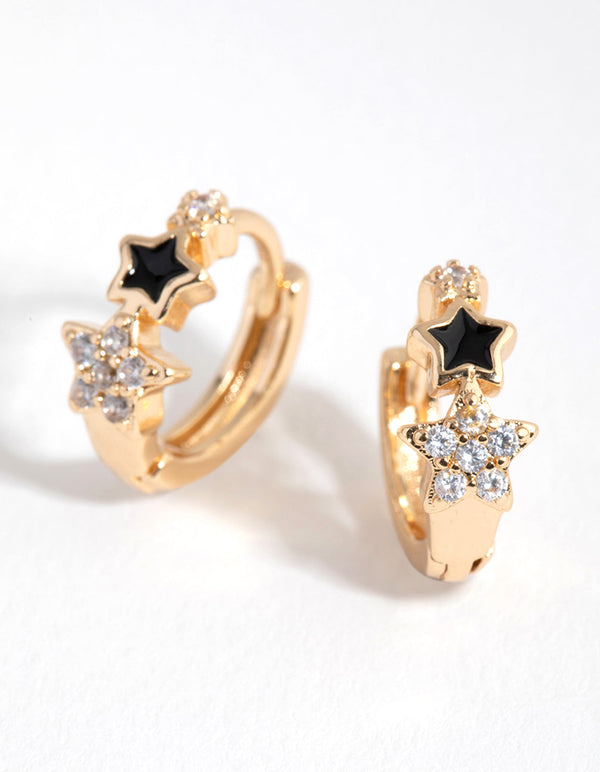 Gold Diamante Black Stars Huggie Earrings