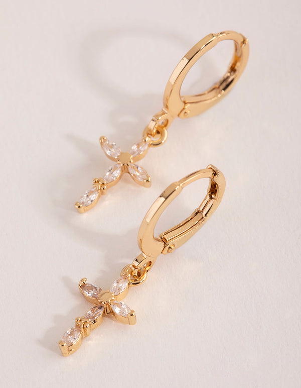 Gold Diamante Cross Huggie Earrings
