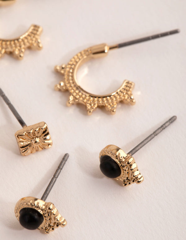 Gold Black Onyx Stack Pack Earrings
