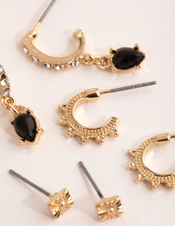 Gold Black Onyx Stack Pack Earrings