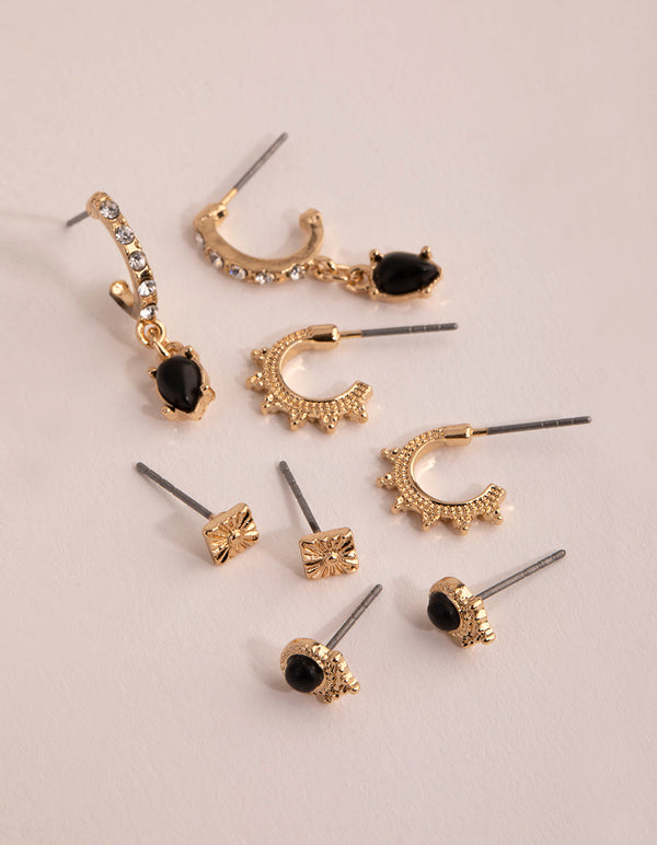 Gold Black Onyx Stack Pack Earrings