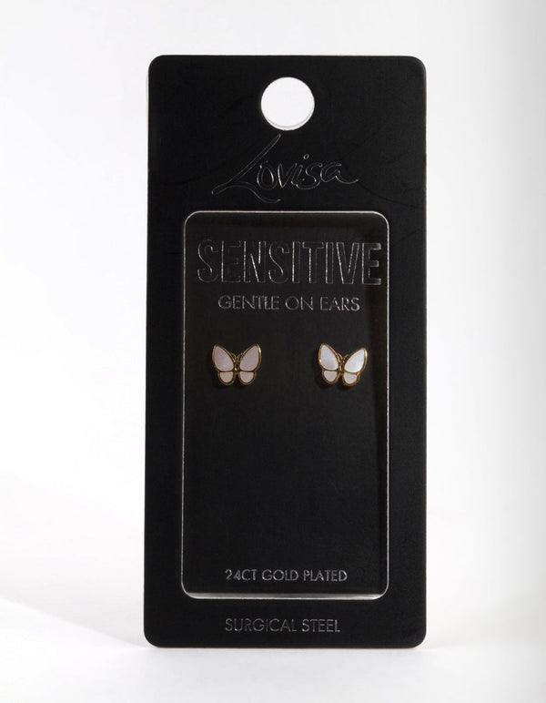 Surgical Steel Gold Mother of Pearl Butterfly Stud Earring