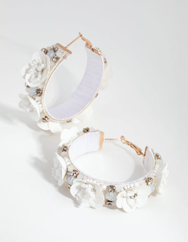 Gold Sequin Flower Hoop Earrings