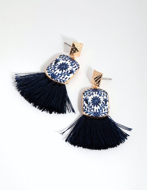 Gold Ceramic and Tassel Drop Earrings