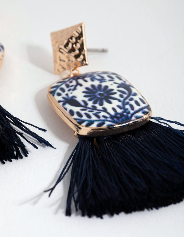 Gold Ceramic and Tassel Drop Earrings