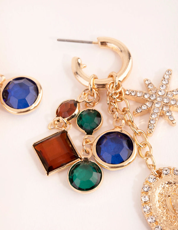 Gold Star and Stone Cluster Earrings