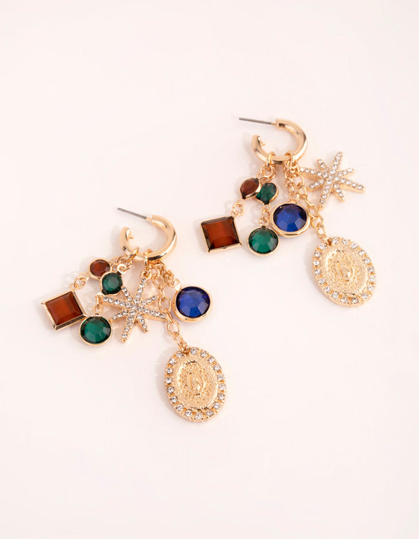 Gold Star and Stone Cluster Earrings