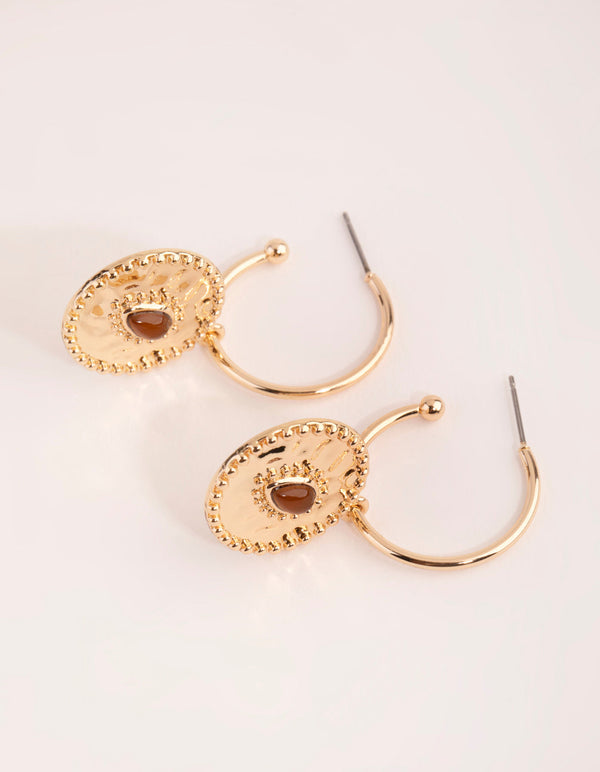 Gold Disc with Stone Hoop Earrings
