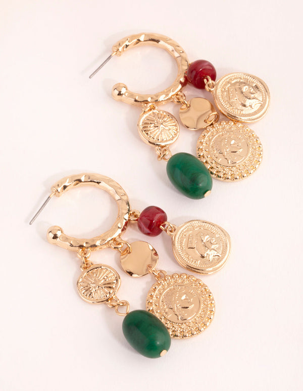 Gold Coin and Bead Cluster Hoop Earrings