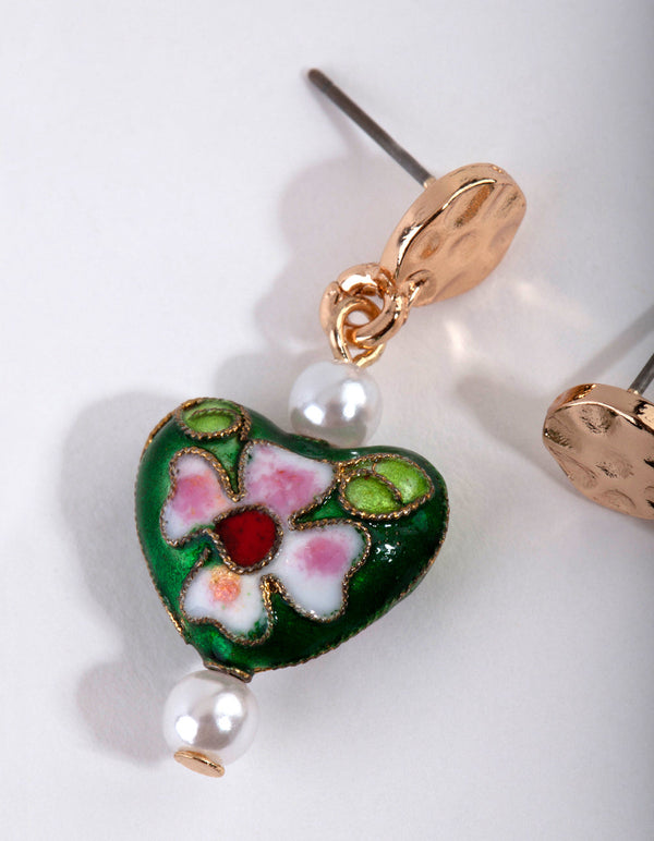 Zielone kolczyki z serduszkami Cloisonne