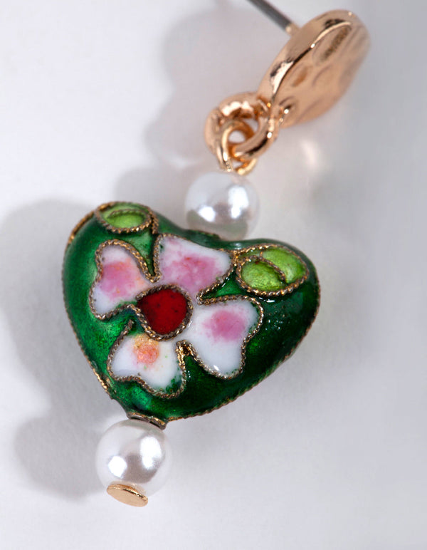 Zielone kolczyki z serduszkami Cloisonne